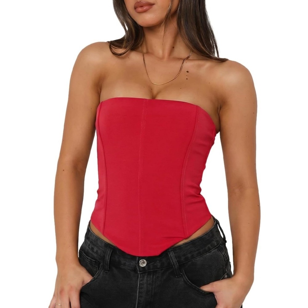 Women Corset Tube Top XL Red Lace-Up Back Y2K Sexy Trendy Concert Datenight Bold